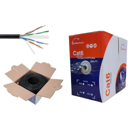 CAT6 500ft Cable 23AWG Network UTP  Solid Bulk Wire Pull Box Black