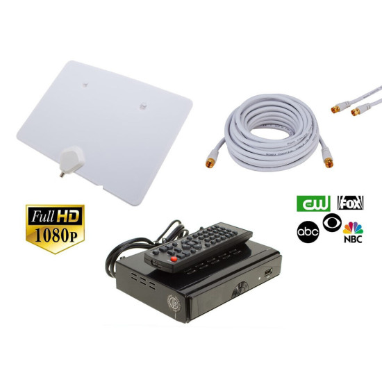 Indoor Digital TV Antenna White w/Digital Converter Box & RG6 Coaxial Cable LOT
