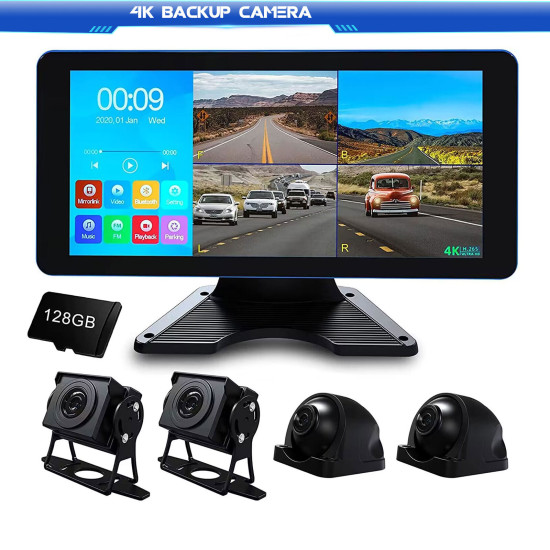 128GB Dash Cam 4K 4CH Recording in Car DVR Camera Front Rear Sides View 10.36"