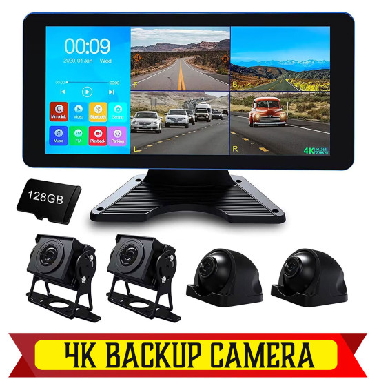 128G Dash Cam 4K 4CH Recording in Car DVR Camera Front Rear 10.36" Backup Camera