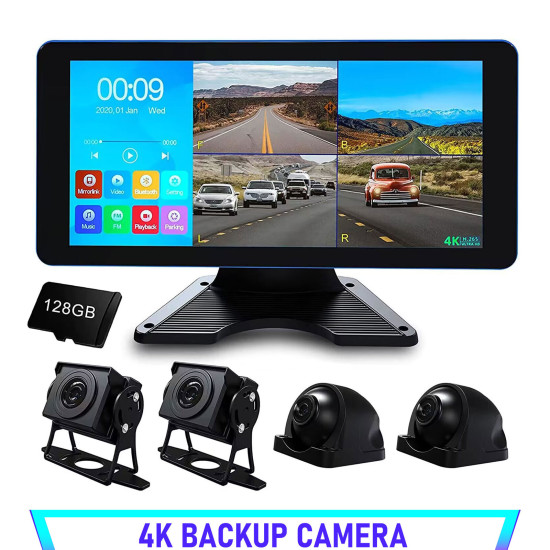 128G Dash Cam 4K 4CH 4AHD Recording in Car DVR Camera Rear 10.36" for Truck Van