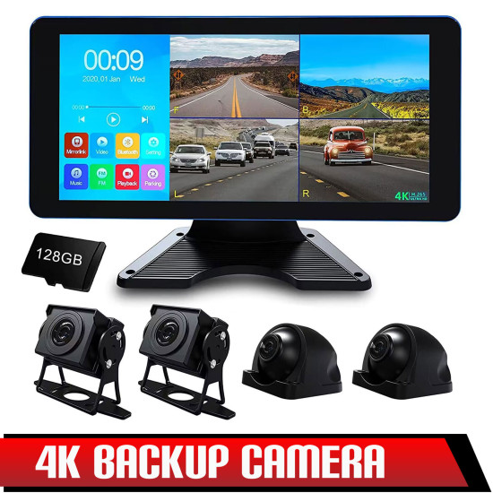 128GB Dash Cam 4K 4CH Recording in Car DVR Camera Front Rear 10.36" Quad Split